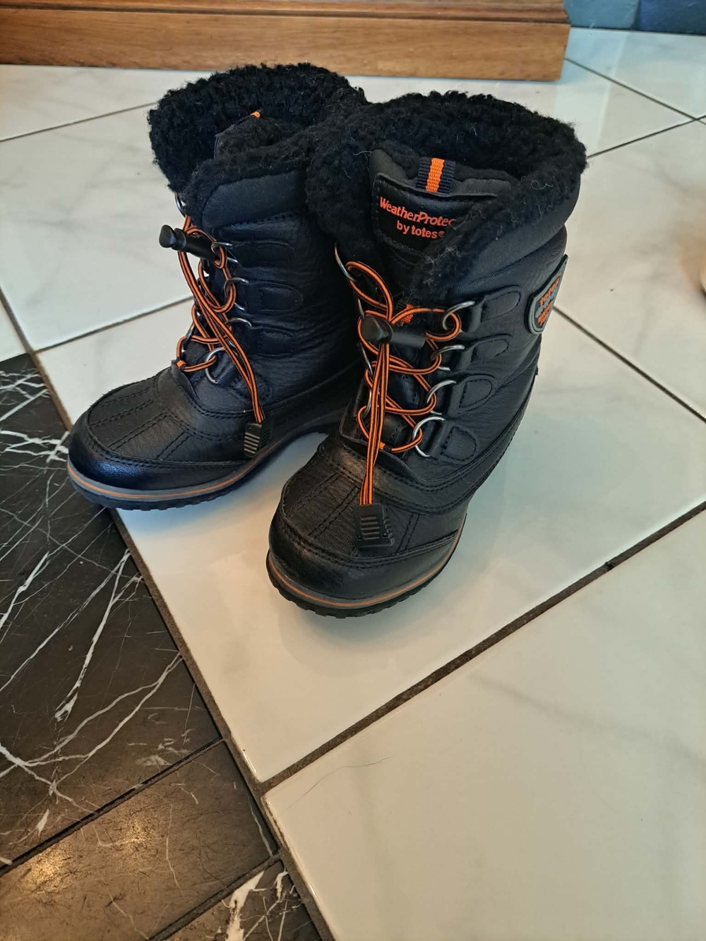 Totes Kids Black Boots with Orange Trim